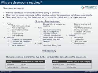 www.unikelvin.com© UniKelvin 2019
Why are cleanrooms required?
Cleanrooms are required
Ø Airborne particles or contaminants affect the quality of products.
Ø Cleanroom personnel, machinery, building structure, adjacent areas produce particles or contaminants.
Ø Cleanrooms continuously filter these particles out to maintain cleanliness in the production zone.
Sources of contaminants
Ø Facilities
• Walls, floors, and ceilings
• Paint and coatings
• Construction materials
• Debris
• air and vapours
• Spills and leaks
Ø Personnel
• Skin flakes, oil, and particles
• Cosmetics and perfumes
• Clothing debris
• Hair & Water vapor
• Other particles of sneezing and
breathing
Ø Tools
• Non cleanroom materials
• wear and tear particles
• Machinery vibration
• Lubricants and emissions
• Brooms, mops, and dusters
• Raw-material bags and
containers
Ø Fluids
• Particulates floating in air
• Bacteria, organics, and
moisture
• Floor finishes or coatings
• Cleaning chemicals
• Plasticizers (off-gasses)
• Deionized water
Ø Products
• Silicon chips
• Quartz flakes
• Clean room debris
• Metal particles
Human Activity
Activity Particles / min (0.3 µm & larger)
Motionless 100,000
Walking (3 km/h) 5,000,0000
Activity Particles / min (0.3 µm & larger)
Walking (8 km/h) 10,000,000
Running 100,000,0000
Humans contribute to more than two-third of contamination generation in the cleanrooms
 