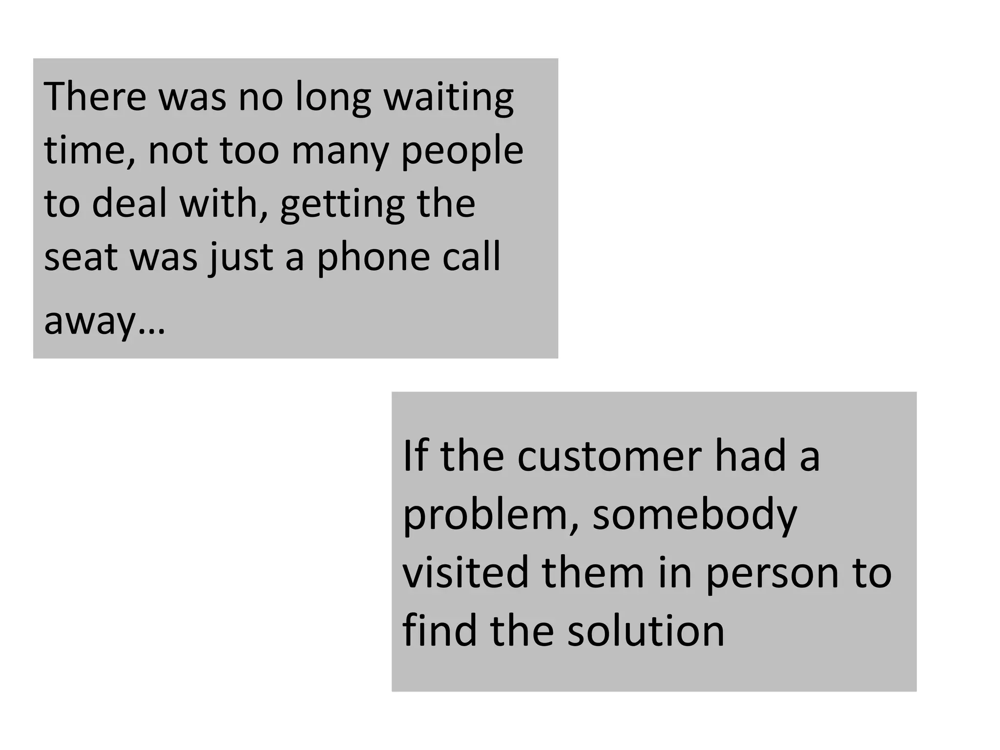 There was no long waiting
time, not too many people
to deal with, getting the
seat was just a phone call
away…
If the customer had a
problem, somebody
visited them in person to
find the solution
 