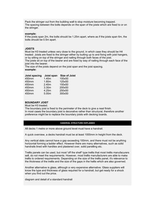 Pack the stringer out from the building wall to stop moisture becoming trapped.
The spacing between the bolts depends on the span of the joists which are fixed to or on
the stringer.

example:
If the joists span 2m, the bolts should be 1.25m apart, where as if the joists span 6m, the
bolts should be 0.5m apart.


JOISTS
Must be H3 treated unless very close to the ground, in which case they should be H4
treated. Joists are fixed to the stringer either by butting up to and fixing with joist hangers,
or by sitting on top of the stringer and nailing through both faces of the joist.
The joists sit on top of the bearer and are fixed by way of nailing through each face of the
joist into the bearer.
The size of the joists depend on the joist span and the joist spacing.
example:

Joist spacing     Joist span    Size of Joist
450mm            1.40m          100x50
450mm            1.80m          125x50
450mm            2.40m          150x50
450mm            3.30m          200x50
450mm            4.25m          250x50
450mm            5.00m          300x50


BOUNDARY JOIST
Must be H3 treated.
The boundary joist is fixed to the perimeter of the deck to give a neat finish.
In most cases the boundary joist is decorative rather than structural, therefore another
preference might be to replace the boundary joists with decking boards.


                                HANDRAIL STRUCTURE EXPLAINED

All decks 1 metre or more above ground level must have a handrail.

A quick overview, a decks handrail must be at least 1000mm in height from the deck.

Any vertical slats cannot have a gap exceeding 100mm, and there must not be anything
horizontal forming a ladder effect. However there are many alternatives, such as solid
handrails lined with harditex and plastered over, solid panelling etc.

Trellis panels can be used, but most 'off the shelf' type trellis that most trellis manufacurers
sell, do not meet the requirements. However, most trellis manufacturers are able to make
trellis to ordered requirements. Depending on the size of the trellis panel, it's relevance to
the thickness of the trellis and the size of the gaps in the hellis which are also governed.

Another alternative is glass, although a very expensive alternative. Glass suppliers will
know the type and thickness of glass required for a handrail, but get ready for a shock
when you find out the price.

diagram and detail of a standard handrail
 