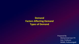 Demand
Factors Affecting Demand
Types of Demand
Prepared By:
Mohammed Jasir PV
Asst. Professor
MIIMS, Puthanangadi
 