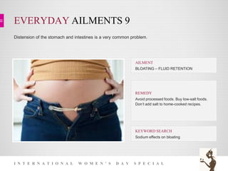 EVERYDAY AILMENTS 9
I N T E R N A T I O N A L W O M E N ’ S D A Y S P E C I A L
Distension of the stomach and intestines is a very common problem.
KEYWORD SEARCH
Sodium effects on bloating
REMEDY
Avoid processed foods. Buy low-salt foods.
Don’t add salt to home-cooked recipes.
AILMENT
BLOATING – FLUID RETENTION
 