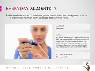 EVERYDAY AILMENTS 17
I N T E R N A T I O N A L W O M E N ’ S D A Y S P E C I A L
The hormone insulin enables our cells to use glucose, mainly derived from carbohydrates, as a form
of energy. When insufficient insulin is produced diabetes mellitus results.
KEYWORD SEARCH
Diabetes mellitus
REMEDY
Eat 4 pods of boiled garlic, cooked onions or onion
juice to enhance circulation and help reduce blood-
sugar levels. Chromium supplement boost the
action of insulin. Magnesium decreases insulin
resistance. Manganese improves arterial health.
Type II diabetes need to increase intake of Zinc.
AILMENT
DIABETES
 