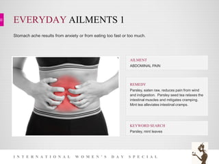 EVERYDAY AILMENTS 1
I N T E R N A T I O N A L W O M E N ’ S D A Y S P E C I A L
Stomach ache results from anxiety or from eating too fast or too much.
KEYWORD SEARCH
Parsley, mint leaves
REMEDY
Parsley, eaten raw, reduces pain from wind
and indigestion. Parsley seed tea relaxes the
intestinal muscles and mitigates cramping.
Mint tea alleviates intestinal cramps.
AILMENT
ABDOMINAL PAIN
 