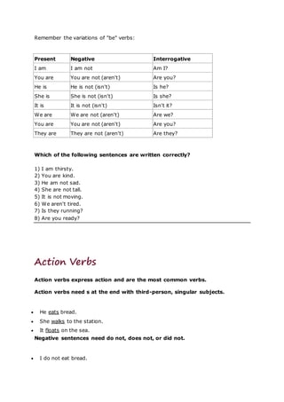 Remember the variations of "be" verbs:
Present Negative Interrogative
I am I am not Am I?
You are You are not (aren't) Are you?
He is He is not (isn't) Is he?
She is She is not (isn't) Is she?
It is It is not (isn't) Isn't it?
We are We are not (aren't) Are we?
You are You are not (aren't) Are you?
They are They are not (aren't) Are they?
Which of the following sentences are written correctly?
1) I am thirsty.
2) You are kind.
3) He am not sad.
4) She are not tall.
5) It is not moving.
6) We aren't tired.
7) Is they running?
8) Are you ready?
Action Verbs
Action verbs express action and are the most common verbs.
Action verbs need s at the end with third-person, singular subjects.
 He eats bread.
 She walks to the station.
 It floats on the sea.
Negative sentences need do not, does not, or did not.
 I do not eat bread.
 