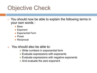 Objective For Learning Exponents All about exponents | PPTX