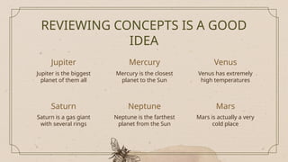 Jupiter
Saturn is a gas giant
with several rings
Neptune is the farthest
planet from the Sun
Jupiter is the biggest
planet of them all
Saturn
REVIEWING CONCEPTS IS A GOOD
IDEA
Mercury Venus
Mercury is the closest
planet to the Sun
Venus has extremely
high temperatures
Mars is actually a very
cold place
Neptune Mars
 