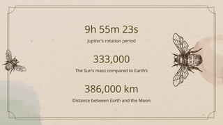 9h 55m 23s
Jupiter’s rotation period
333,000
The Sun’s mass compared to Earth’s
386,000 km
Distance between Earth and the Moon
 