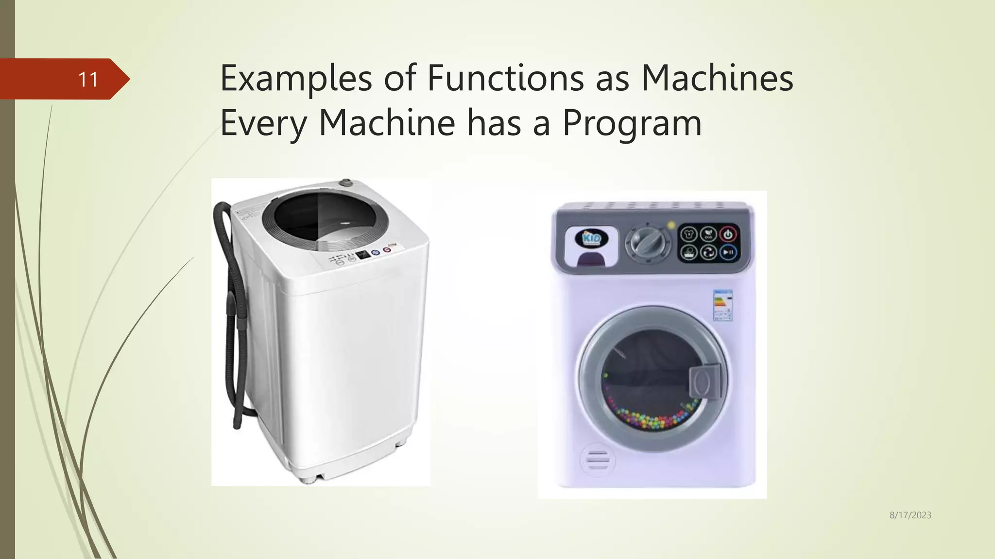 Examples of Functions as Machines
Every Machine has a Program
8/17/2023
11
 
