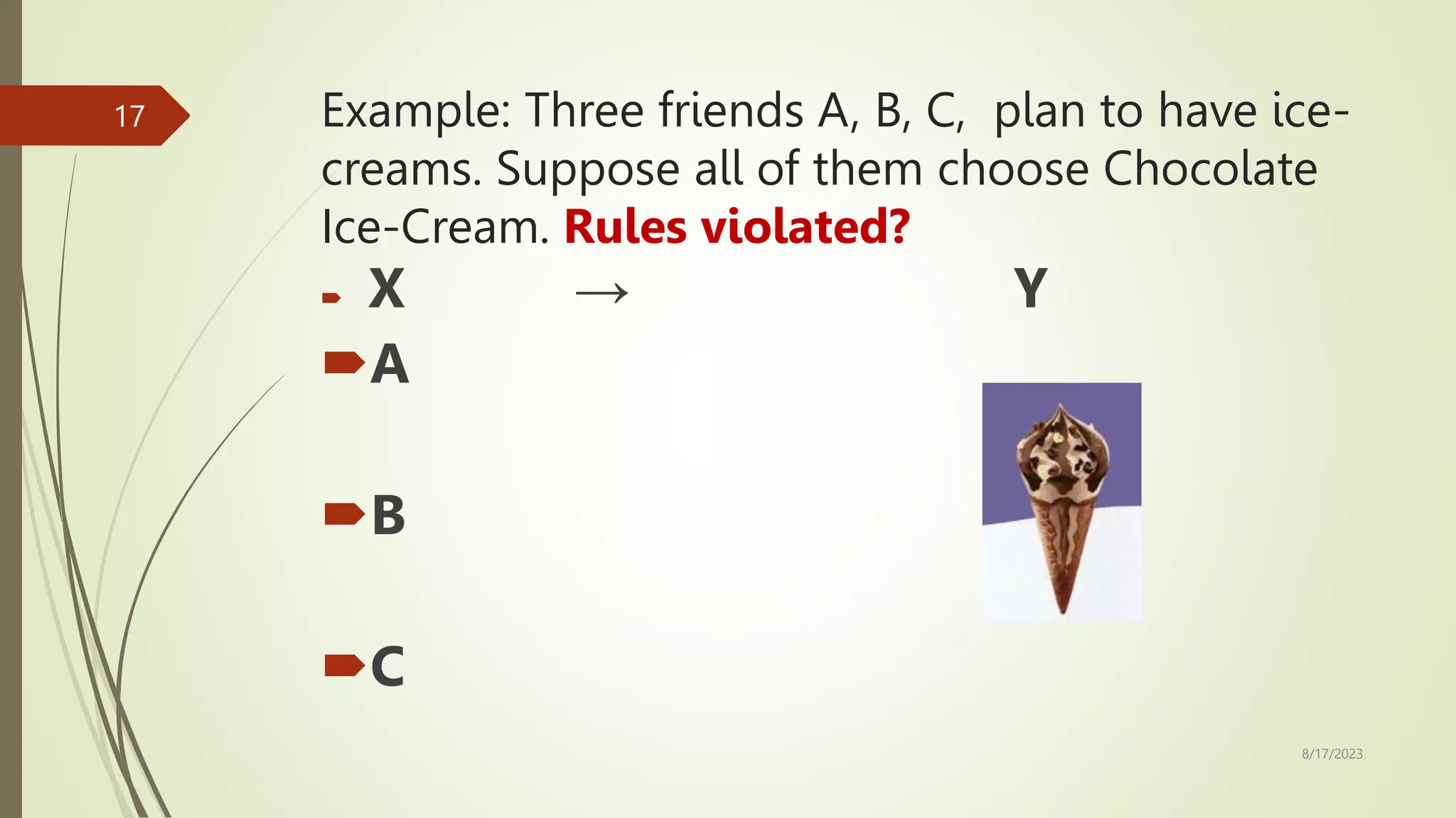 Example: Three friends A, B, C, plan to have ice-
creams. Suppose all of them choose Chocolate
Ice-Cream. Rules violated?
 X → Y
A
B
C
8/17/2023
17
 