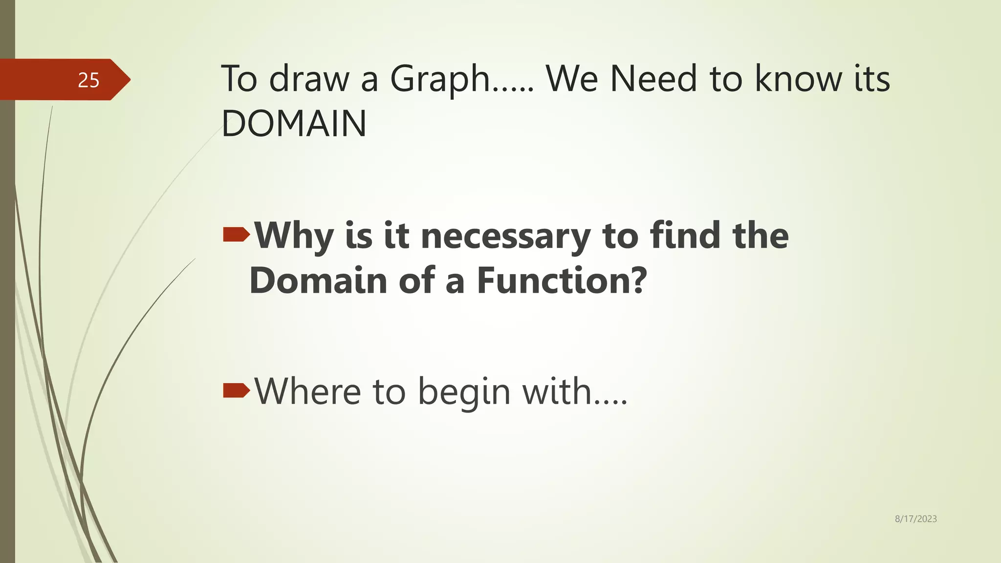 To draw a Graph….. We Need to know its
DOMAIN
Why is it necessary to find the
Domain of a Function?
Where to begin with….
8/17/2023
25
 