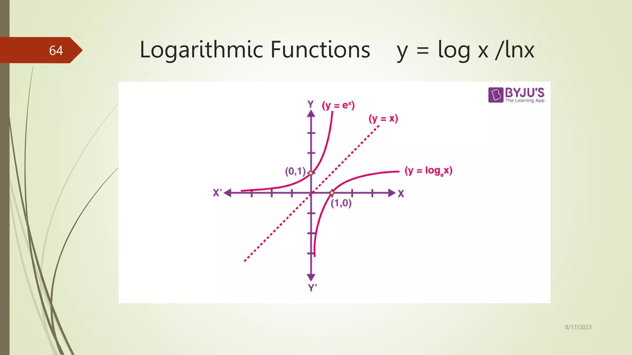 Logarithmic Functions y = log x /lnx
8/17/2023
64
 
