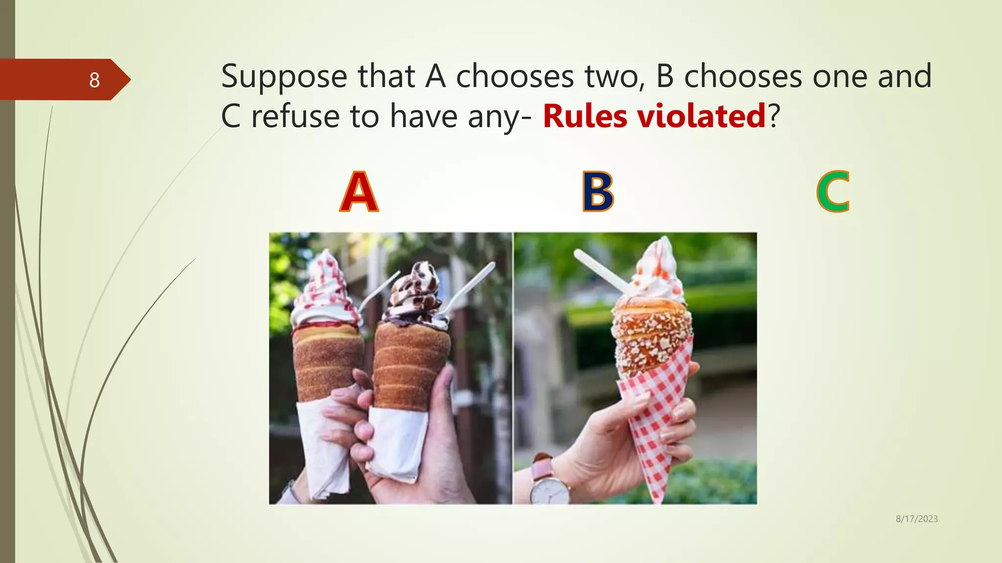 Suppose that A chooses two, B chooses one and
C refuse to have any- Rules violated?
8/17/2023
8
 
