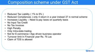 Composition scheme under GST Act
• Reduced Tax Liability ( 1% to 5% )
• Reduced Compliances ( only 4 return in a year inst...