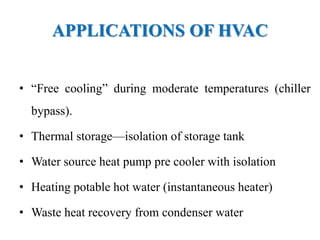 APPLICATIONS OF HVAC
• “Free cooling” during moderate temperatures (chiller
bypass).
• Thermal storage—isolation of storage tank
• Water source heat pump pre cooler with isolation
• Heating potable hot water (instantaneous heater)
• Waste heat recovery from condenser water
 