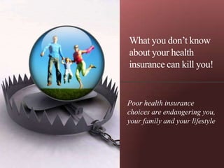 What you don’t know
about your health
insurance can kill you!


Poor health insurance
choices are endangering you,
your family and your lifestyle
 
