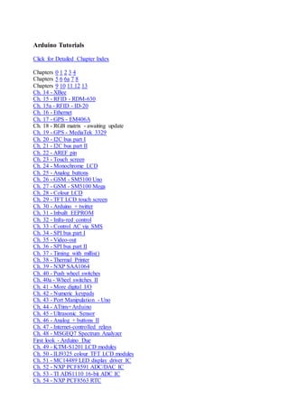 Arduino Tutorials
Click for Detailed Chapter Index
Chapters 0 1 2 3 4
Chapters 5 6 6a 7 8
Chapters 9 10 11 12 13
Ch. 14 - XBee
Ch. 15 - RFID - RDM-630
Ch. 15a - RFID - ID-20
Ch. 16 - Ethernet
Ch. 17 - GPS - EM406A
Ch. 18 - RGB matrix - awaiting update
Ch. 19 - GPS - MediaTek 3329
Ch. 20 - I2C bus part I
Ch. 21 - I2C bus part II
Ch. 22 - AREF pin
Ch. 23 - Touch screen
Ch. 24 - Monochrome LCD
Ch. 25 - Analog buttons
Ch. 26 - GSM - SM5100 Uno
Ch. 27 - GSM - SM5100 Mega
Ch. 28 - Colour LCD
Ch. 29 - TFT LCD touch screen
Ch. 30 - Arduino + twitter
Ch. 31 - Inbuilt EEPROM
Ch. 32 - Infra-red control
Ch. 33 - Control AC via SMS
Ch. 34 - SPI bus part I
Ch. 35 - Video-out
Ch. 36 - SPI bus part II
Ch. 37 - Timing with millis()
Ch. 38 - Thermal Printer
Ch. 39 - NXP SAA1064
Ch. 40 - Push wheel switches
Ch. 40a - Wheel switches II
Ch. 41 - More digital I/O
Ch. 42 - Numeric keypads
Ch. 43 - Port Manipulation - Uno
Ch. 44 - ATtiny+Arduino
Ch. 45 - Ultrasonic Sensor
Ch. 46 - Analog + buttons II
Ch. 47 - Internet-controlled relays
Ch. 48 - MSGEQ7 Spectrum Analyzer
First look - Arduino Due
Ch. 49 - KTM-S1201 LCD modules
Ch. 50 - ILI9325 colour TFT LCD modules
Ch. 51 - MC14489 LED display driver IC
Ch. 52 - NXP PCF8591 ADC/DAC IC
Ch. 53 - TI ADS1110 16-bit ADC IC
Ch. 54 - NXP PCF8563 RTC
 