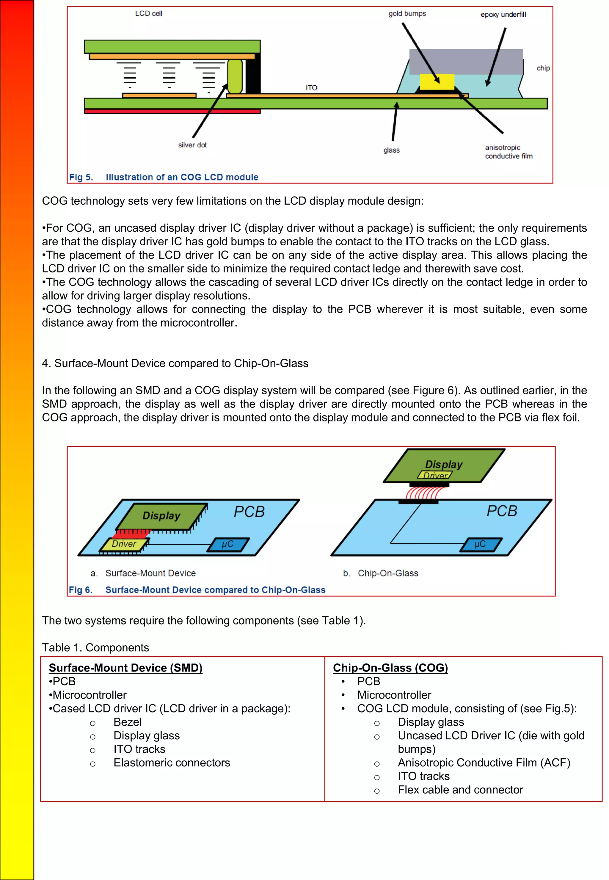 COG technology sets very few limitations on the LCD display module design:
•For COG, an uncased display driver IC (display driver without a package) is sufficient; the only requirements
are that the display driver IC has gold bumps to enable the contact to the ITO tracks on the LCD glass.
•The placement of the LCD driver IC can be on any side of the active display area. This allows placing the
LCD driver IC on the smaller side to minimize the required contact ledge and therewith save cost.
•The COG technology allows the cascading of several LCD driver ICs directly on the contact ledge in order to
allow for driving larger display resolutions.
•COG technology allows for connecting the display to the PCB wherever it is most suitable, even some
distance away from the microcontroller.
4. Surface-Mount Device compared to Chip-On-Glass
In the following an SMD and a COG display system will be compared (see Figure 6). As outlined earlier, in the
SMD approach, the display as well as the display driver are directly mounted onto the PCB whereas in the
COG approach, the display driver is mounted onto the display module and connected to the PCB via flex foil.
The two systems require the following components (see Table 1).
Table 1. Components
Surface-Mount Device (SMD)
•PCB
•Microcontroller
•Cased LCD driver IC (LCD driver in a package):
o Bezel
o Display glass
o ITO tracks
o Elastomeric connectors
Chip-On-Glass (COG)
• PCB
• Microcontroller
• COG LCD module, consisting of (see Fig.5):
o Display glass
o Uncased LCD Driver IC (die with gold
bumps)
o Anisotropic Conductive Film (ACF)
o ITO tracks
o Flex cable and connector
 