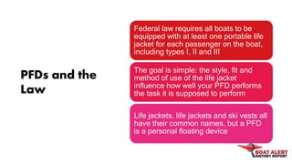 PFDs and the
Law
Federal law requires all boats to be
equipped with at least one portable life
jacket for each passenger o...