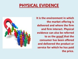 PHYSICAL EVIDENCE
It is the environment in which
the market offering is
delivered and where the firm
and firm interact. Ph...