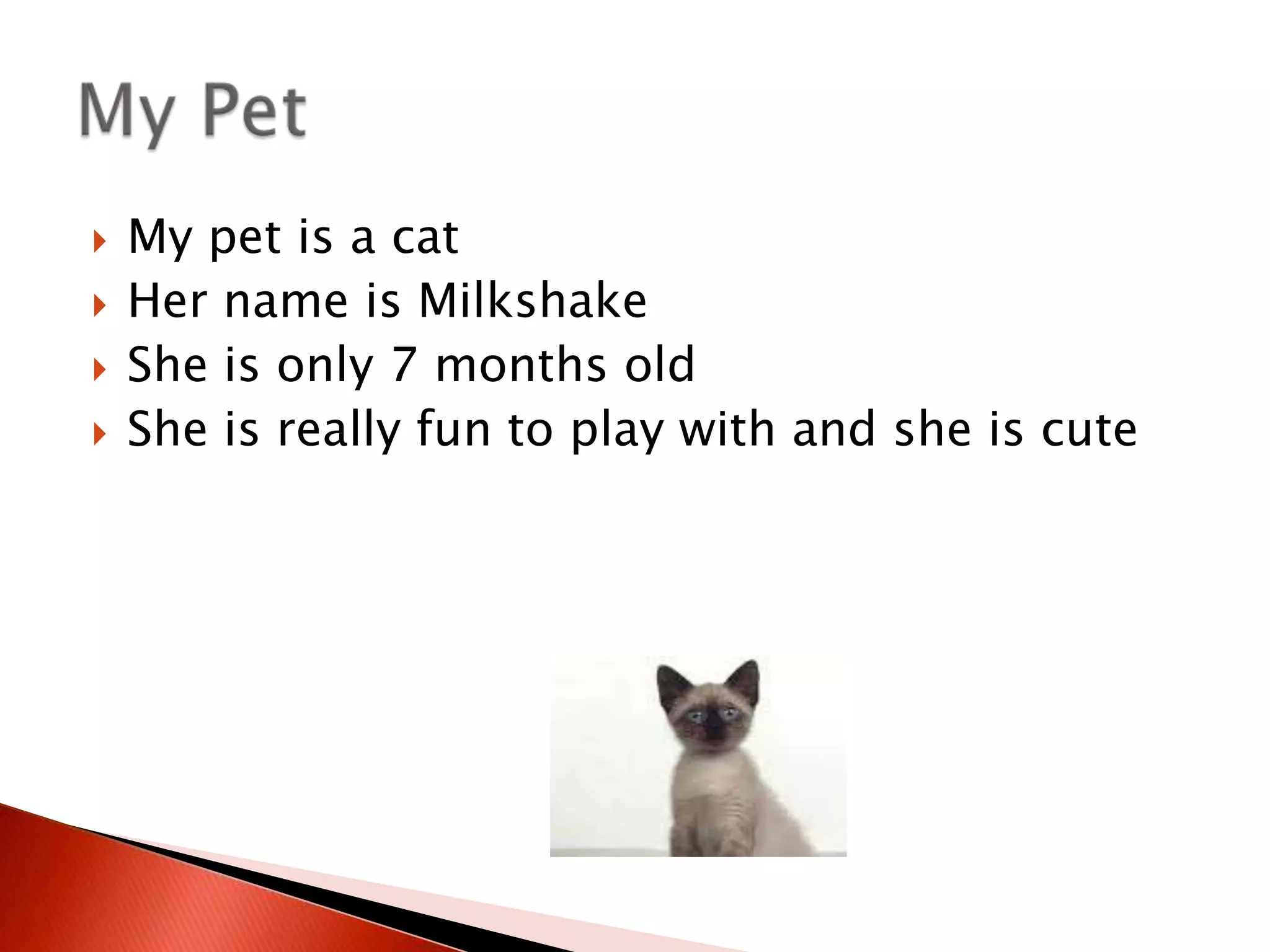 My pet is a catHer name is MilkshakeShe is only 7 months oldShe is really fun to play with and she is cuteMy Pet