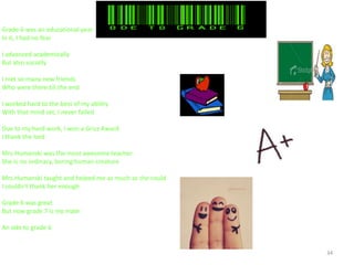 34
Grade 6 was an educational year
In it, I had no fear
I advanced academically
But also socially
I met so many new friends
Who were there till the end
I worked hard to the best of my ability
With that mind set, I never failed
Due to my hard work, I won a Grizz Award
I thank the lord
Mrs.Humanski was the most awesome teacher
She is no ordinary, boring human creature
Mrs.Humanski taught and helped me as much as she could
I couldn’t thank her enough
Grade 6 was great
But now grade 7 is my mate
An ode to grade 6
 