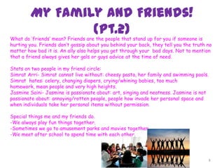 My Family and Friends!
(Pt.2)
8
What do ‘friends’ mean? Friends are the people that stand up for you if someone is
hurting you. Friends don’t gossip about you behind your back, they tell you the truth no
matter how bad it is. An ally also helps you get through your bad days. Not to mention
that a friend always gives her gals or guys advice at the time of need.
Stats on two people in my friend circle:
Simrat Arri- Simrat cannot live without: cheesy pasta, her family and swimming pools.
Simrat hates: celery, changing diapers, crying/whining babies, too much
homework, mean people and very high heights.
Jasmine Saini- Jasmine is passionate about: art, singing and neatness. Jasmine is not
passionate about: annoying/rotten people, people how invade her personal space and
when individuals take her personal items without permission.
Special things me and my friends do.
-We always play fun things together.
-Sometimes we go to amusement parks and movies together.
-We meet after school to spend time with each other.
 