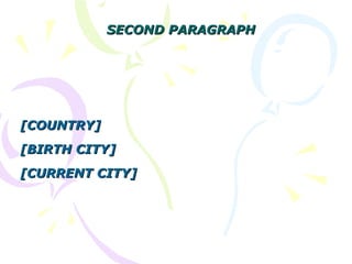 [COUNTRY][COUNTRY]
[BIRTH CITY][BIRTH CITY]
[CURRENT CITY][CURRENT CITY]
SECOND PARAGRAPHSECOND PARAGRAPH
 