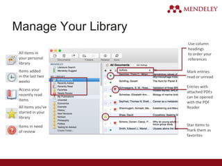 Manage Your Library
Use column
headings
to order your
references
Mark entries
read or unread
Entries with
attached PDFs
can be opened
with the PDF
Reader
Star items to
mark them as
favorites
All items in
your personal
library
Items added
in the last two
weeks
Access your
recently read
items
All items you’ve
starred in your
library
Items in need
of review
 