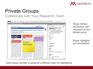 Private Groups
Collaborate with Your Research Team
Share full-text
documents with
members of your
private group
Share highlights
and annotations
Each group member is assigned a different color for highlighting
 