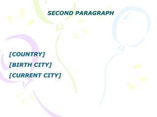 [COUNTRY]
[BIRTH CITY]
[CURRENT CITY]
SECOND PARAGRAPH
 