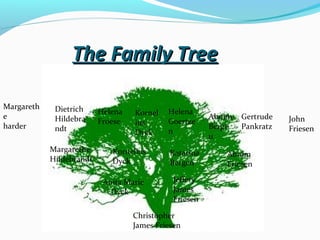 The Family Tree
Margareth
e
harder

Dietrich
Hildebra
ndt
Margarethe
Hildebrandt

Helena
Froese

Kornel
ius
Dyck

Helena
Goertze
n

Kornelius
Dyck

Katarina
Bergen

Anita Marie
Dyck

Jeffery
James
Friesen

Christopher
James Friesen

Abram
Berge
n

Gertrude
Pankratz

Abram
Friesen

John
Friesen

 