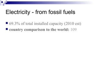 Electricity - from fossil fuels
 69.3% of total installed capacity (2010 est)
 country comparison to the world: 109
 
