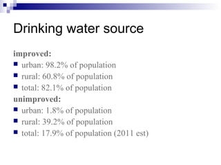 Drinking water source
improved:
 urban: 98.2% of population
 rural: 60.8% of population
 total: 82.1% of population
unimproved:
 urban: 1.8% of population
 rural: 39.2% of population
 total: 17.9% of population (2011 est)
 