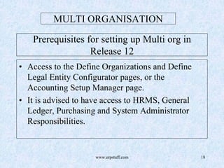 www.erpstuff.com 18
MULTI ORGANISATION
Prerequisites for setting up Multi org in
Release 12
• Access to the Define Organizations and Define
Legal Entity Configurator pages, or the
Accounting Setup Manager page.
• It is advised to have access to HRMS, General
Ledger, Purchasing and System Administrator
Responsibilities.
 