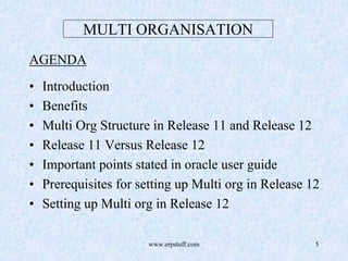www.erpstuff.com 5
MULTI ORGANISATION
AGENDA
• Introduction
• Benefits
• Multi Org Structure in Release 11 and Release 12
• Release 11 Versus Release 12
• Important points stated in oracle user guide
• Prerequisites for setting up Multi org in Release 12
• Setting up Multi org in Release 12
 