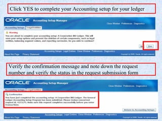 www.erpstuff.com 83
Click YES to complete your Accounting setup for your ledger
Verify the confirmation message and note down the request
number and verify the status in the request submission form
 