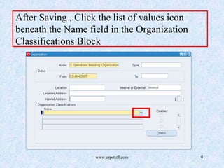 www.erpstuff.com 91
After Saving , Click the list of values icon
beneath the Name field in the Organization
Classifications Block
 