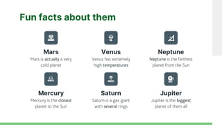 Venus has extremely
high temperatures
Neptune is the farthest
planet from the Sun
Fun facts about them
Mars is actually a very
cold planet
Mercury is the closest
planet to the Sun
Saturn is a gas giant
with several rings
Jupiter is the biggest
planet of them all
Mars Venus Neptune
Mercury Saturn Jupiter
 