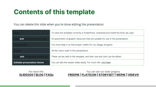 Contents of this template
Fonts To view this template correctly in PowerPoint, download and install the fonts we used
Used and alternative resources An assortment of graphic resources that are suitable for use in this presentation
Thanks slide You must keep it so that proper credits for our design are given
Colors All the colors used in this presentation
Icons and infographic resources These can be used in the template, and their size and color can be edited
Editable presentation theme You can edit the master slides easily. For more info, click here
You can delete this slide when you’re done editing the presentation
For more info:
SLIDESGO | BLOG | FAQs
You can visit our sister projects:
FREEPIK | FLATICON | STORYSET | WEPIK | VIDEVO
 