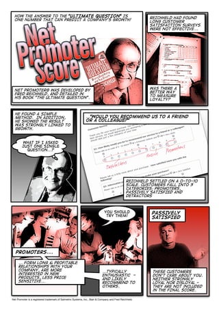 How the ANSWER TO THE "ULTIMATE QUESTION" IS                                                          REICHHELD HAD FOUND
  ONE NUMBER THAT CAN PREDICT A COMPANY'S GROWTH!                                                       LONG CUSTOMER
                                                                                                        SATISFACTION SURVEYS
                                                                                                        WERE NOT EFFECTIVE...




  Net Promoter® was developed by                                                                        WAS THERE A
  Fred Reichheld, and detailed in                                                                       BETTER WAY
  his book "The Ultimate Question".                                                                     TO MEASURE
                                                                                                        LOYALTY?


  HE FOUND A SIMPLE
  METHOD. IN ADDITION,                                        ..."WOULD YOU RECOMMEND US to a friend
  HE SHOWED THE RESULT                                        or a colleague?"
  WAS STRONGLY LINKED TO
  GROWTH.


        what IF I ASKED
        JUST one SINGLE
          question...?




                                                                                               REICHHELD settled on a 0-to-10
                                                                                               scale. CUSTOMERS FALL INTO 3
                                                                                               CATEGORIES: PRomoters,
                                                                                               PASSIVELY SATISFIED AND
                                                                                               DETRACTORS



                                                                             YOU SHOULD                  PASSIVELY
                                                                              TRY THEM!                  SATISFIED




   PROMOTERS...

     ... FORM long & profitable
     likely to have a long &
     relationshipS with your
     profitable relationship
     company, ARE more                                                     ...TypiCally                   THESE customers
     interestedcompany. less
     with your in new
                                                                           enthusiastic -                 DON'T CARE ABOUT YOU.
     price sensitive. more
     products, LESS PRICE                                                  and LIKELY                     NEITHER strongly
     SENSITIVE...in new
     interested
                                                                           recommend to                   loyal Nor disloyal -
                                                                           others.                        THEY are not included
                                                                                                          in the FINAL SCORE.

Net Promoter is a registered trademark of Satmetrix Systems, Inc., Bain & Company and Fred Reichheld.
 