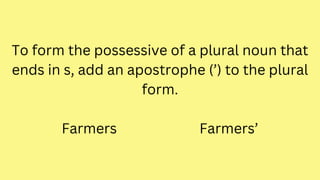 To form the possessive of a plural noun that
ends in s, add an apostrophe (’) to the plural
form.
Farmers Farmers’
 