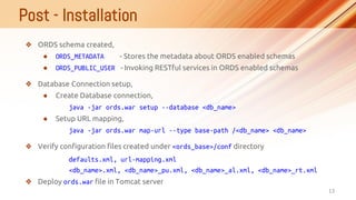 Post - Installation
13
❖ ORDS schema created,
● ORDS_METADATA - Stores the metadata about ORDS enabled schemas
● ORDS_PUBL...