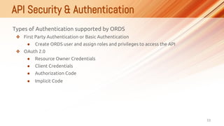 API Security & Authentication
33
Types of Authentication supported by ORDS
❖ First Party Authentication or Basic Authentic...