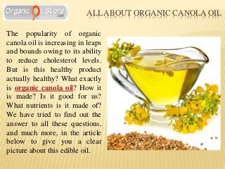 ALL ABOUT ORGANIC CANOLA OIL
The popularity of organic
canola oil is increasing in leaps
and bounds owing to its ability
to reduce cholesterol levels.
But is this healthy product
actually healthy? What exactly
is organic canola oil? How it
is made? Is it good for us?
What nutrients is it made of?
We have tried to find out the
answer to all these questions,
and much more, in the article
below to give you a clear
picture about this edible oil.
 