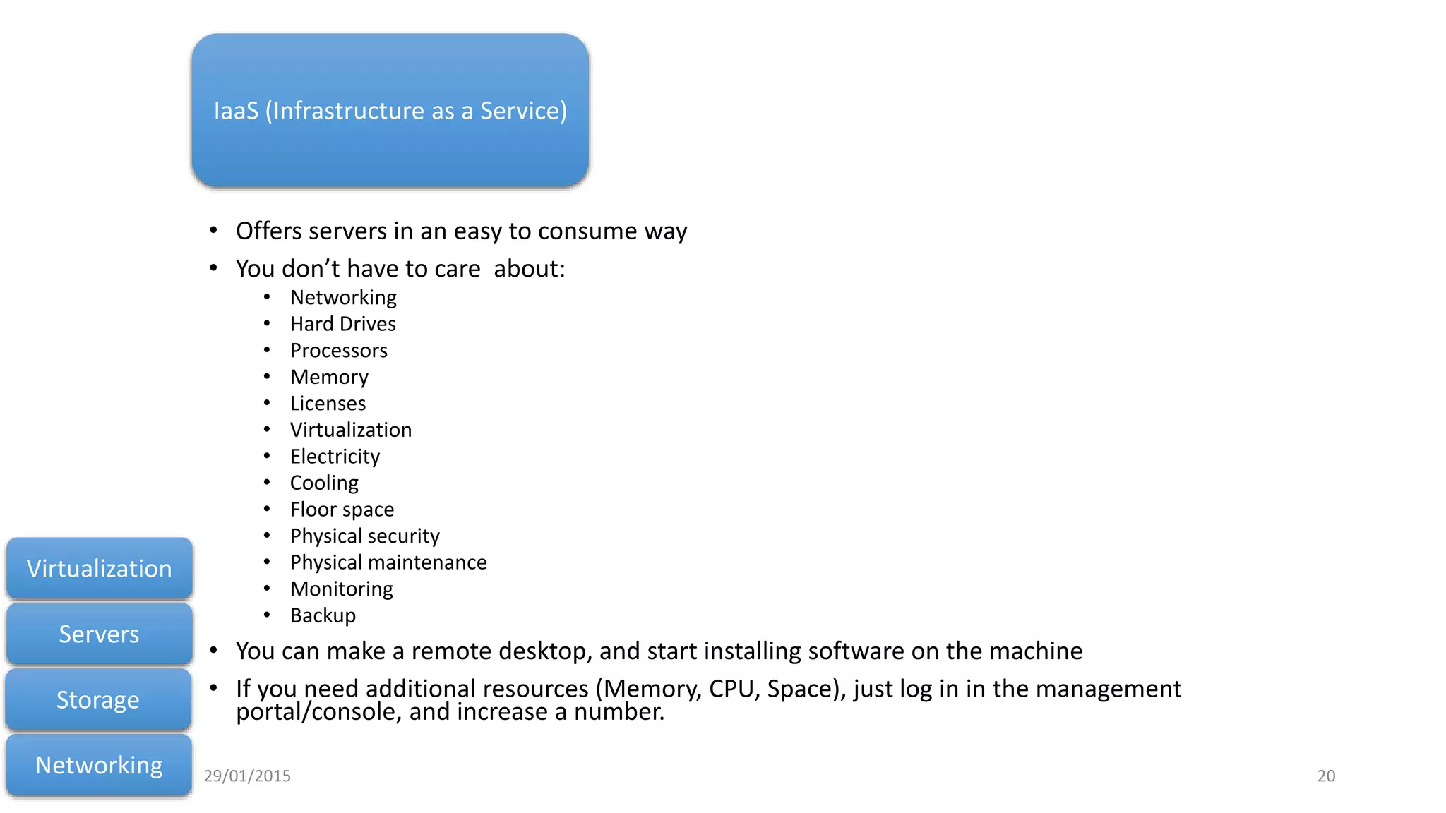 • Offers servers in an easy to consume way
• You don’t have to care about:
• Networking
• Hard Drives
• Processors
• Memory
• Licenses
• Virtualization
• Electricity
• Cooling
• Floor space
• Physical security
• Physical maintenance
• Monitoring
• Backup
• You can make a remote desktop, and start installing software on the machine
• If you need additional resources (Memory, CPU, Space), just log in in the management
portal/console, and increase a number.
Networking
Storage
Servers
Virtualization
IaaS (Infrastructure as a Service)
29/01/2015 20
 