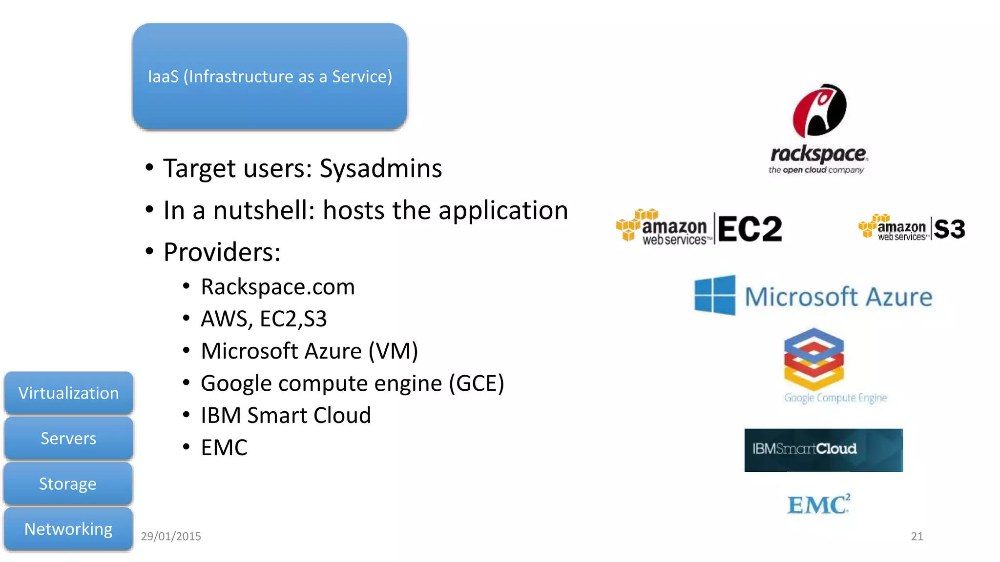 IaaS
• Target users: Sysadmins
• In a nutshell: hosts the application
• Providers:
• Rackspace.com
• AWS, EC2,S3
• Microsoft Azure (VM)
• Google compute engine (GCE)
• IBM Smart Cloud
• EMC
Networking
Storage
Servers
Virtualization
IaaS (Infrastructure as a Service)
29/01/2015 21
 