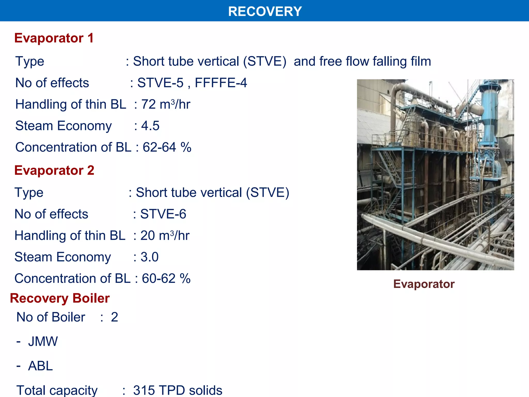 RECOVERY
Evaporator 1
Type               : Short tube vertical (STVE) and free flow falling film
No of effects      : STVE-5 , FFFFE-4
Handling of thin BL : 72 m3/hr
Steam Economy       : 4.5
Concentration of BL : 62-64 %
Evaporator 2
Type               : Short tube vertical (STVE)
No of effects       : STVE-6
Handling of thin BL : 20 m3/hr
Steam Economy       : 3.0
Concentration of BL : 60-62 %                                      Evaporator
Recovery Boiler
 No of Boiler : 2
 - JMW
 - ABL
 Total capacity   : 315 TPD solids
 