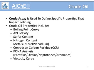 • Crude Assay Is Used To Define Specific Properties That
Impact Refining
• Crude Oil Properties Include:
– Boiling Point Curve
– API Gravity
– Sulfur Content
– Nitrogen Content
– Metals (Nickel/Vanadium)
– Conradson Carbon Residue (CCR)
– PONA Analysis
(Paraffins/Olefins/Naphthenes/Aromatics)
– Viscosity Curve
Ford, Bacon & Davis, LLC 14
 