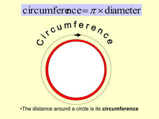 •The distance around a circle is its circumference
diameter
nce
circumfere 

 