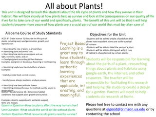 All about Plants! This unit is designed to teach the students about the life cycle of plants and how they survive in their habitat. We will look closely at how plants help us survive and look at the consequences on our quality of life if we fail to take care of our world and specifically, plants.  The benefit of this unit will be that it will help students become more aware of how plants are a crucial part of our world that must be taken care of.  Alabama Course of Study Standards Objectives for the Unit ACOS 3rd Grade Science 7.) Describe the life cycle of plants, including seed, seed germination, growth, and reproduction. •  Describing the role of plants in a food chain •  Identifying plant and animal cells •  Describing how plants occupy space and use light, nutrients, water, and air •  Classifying plants according to their features Examples: evergreen or deciduous, flowering or nonflowering •  Identifying helpful and harmful effects of plants Examples: - helpful-provide food, control erosion; - harmful-cause allergic reactions, produce poisons •  Identifying how bees pollinate flowers •  Identifying photosynthesis as the method used by plants to produce food -Students will be able to create a food chain that shows how important plants are to the survival of humans -Students will be able to label the parts of a plant -Students will be able to distinguish wihich type of habitat is characterized by certain plants. Project Based Learning is a great way to have students learn through authentic learning experiences that are applicable, interesting, and meaningful.  Students will be responsible for learning about the parts of a plant, researching things about plants and habitats using google earth, the internet, and other resources. The teacher will be responsible for facilitating this research and helping the students create a design for a garden. Parents will need to help students do research at home.  ACOS 3rd Grade Science 10.) Determine habitat conditions that support plant growth and survival. Examples: deserts support cacti, wetlands support ferns and mosses Please feel free to contact me with any questions at elgood@crimson.ua.edu or by contacting the school  Essential Question-How do plants affect the way humans live? Unit Question- What would the world be like without plants Content Question-What resources do plants need to survive? 